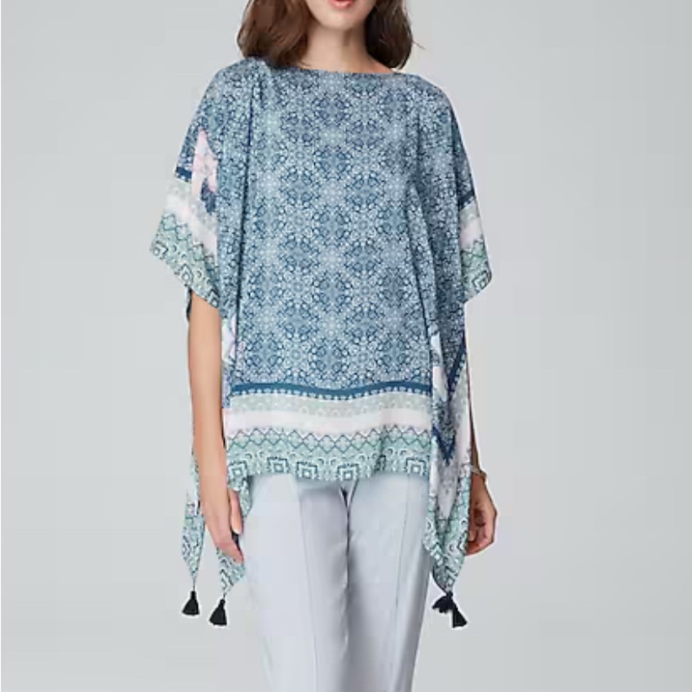 J. Jill Floral Medallion Poncho XL - 3X Tassels Deep Sea Multi Blue Lightweight